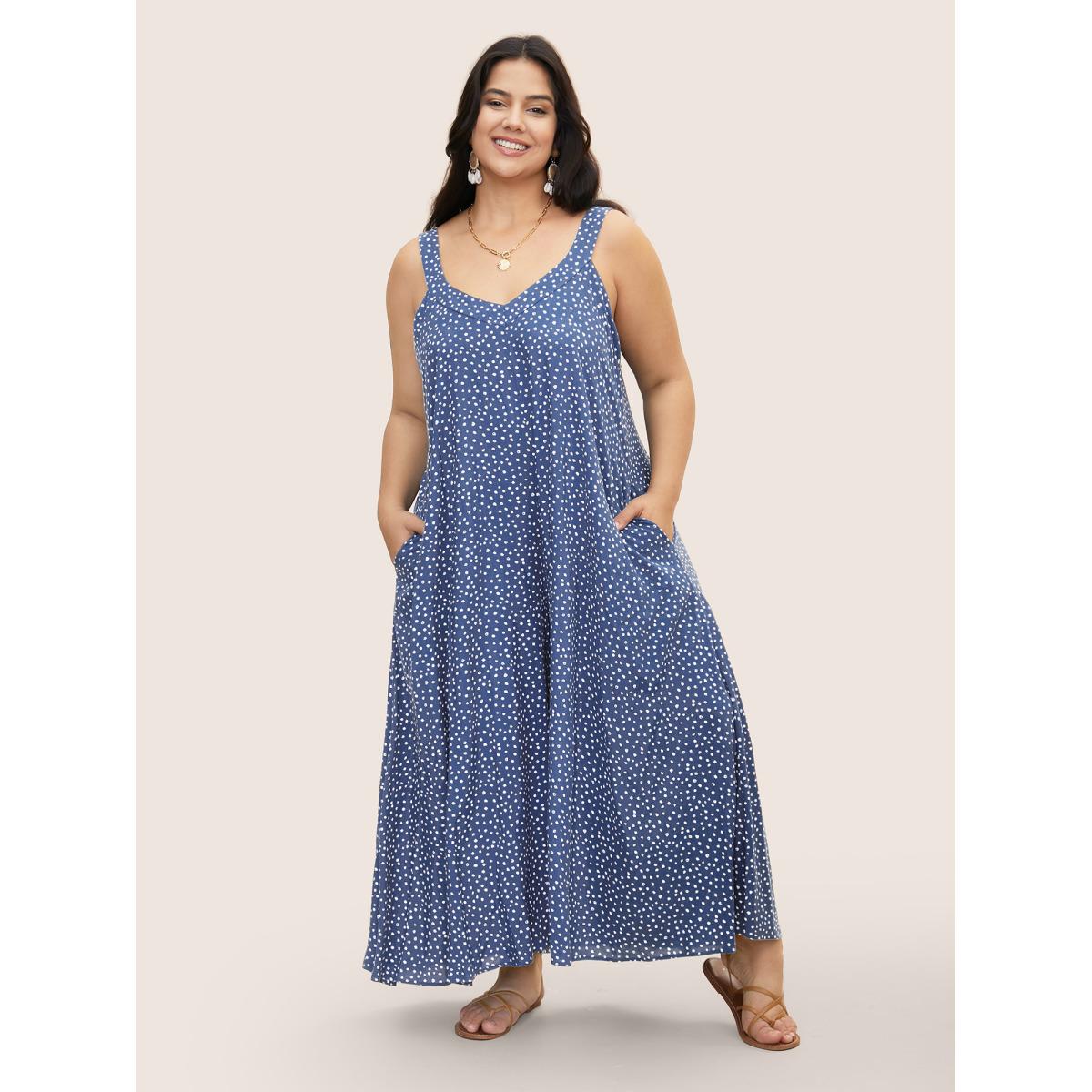 Plus Size Mediumblue Polka Dot U Neck Wide Leg Jumpsuit Women Resort Sleeveless U-neck Vacation Loose Jumpsuits BloomChic 30/6X Product Image