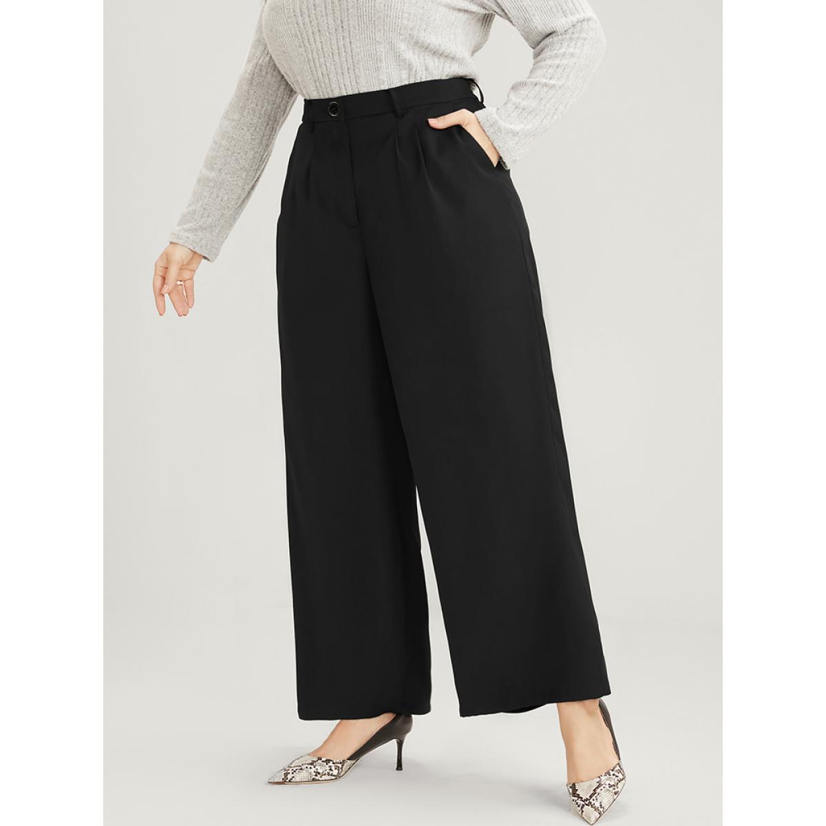 Plus Size Solid Pocket Elastic Waist Wide Leg Pants Women Black Casual Loose Mid Rise Dailywear Pants BloomChic 12/L Product Image