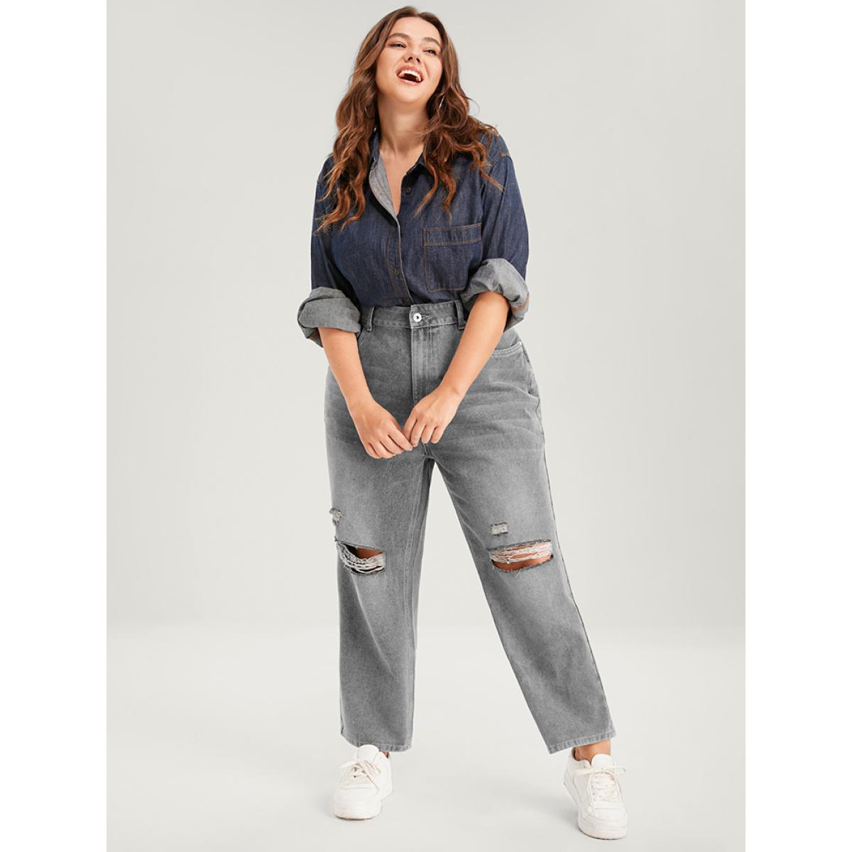 Plus Size Boyfriend Wide Leg Non Stretchy High Rise Medium Wash Jeans Women LightGray Casual Plain No stretch Pocket Jeans BloomChic 24/3X Product Image