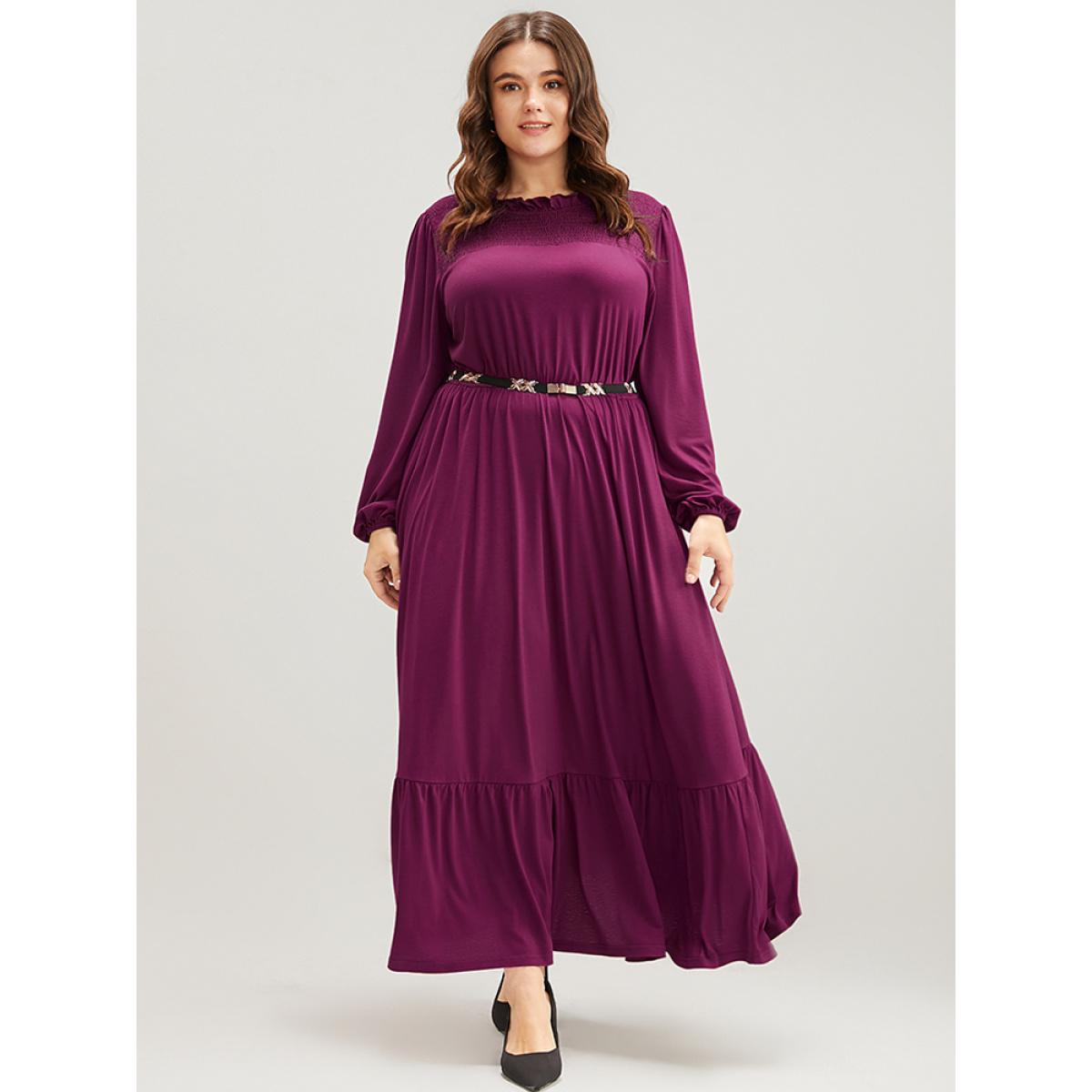Plus Size Solid Frill Trim Shirred Lantern Sleeve Pocket Flutter Maxi Dress Purple Women Elegant Pocket Round Neck Long Sleeve Curvy Long Dress BloomChic 10/M Product Image