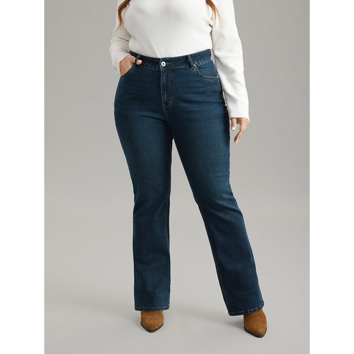 Plus Size Straight Leg Pocket Roll Hem Jeans Women Indigo Casual Plain Plain High stretch Pocket Jeans BloomChic 14/1X Product Image
