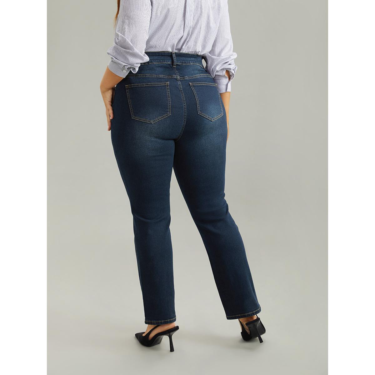 Plus Size Straight Leg Dark Wash Zipper Fly Jeans Women Indigo Casual Plain Pocket High stretch Pocket Jeans BloomChic 30/6X Product Image