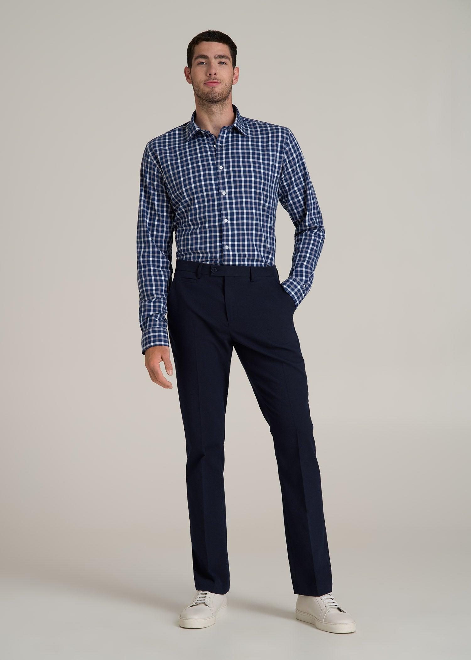 Oskar Button-Up Dress Shirt for Tall Men in Navy and Grey Grid Product Image