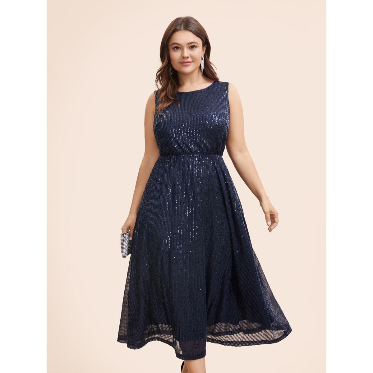 Plus Size Round Neck Sequin Mesh Tank Dress Midnight Women Cocktail Texture Round Neck Sleeveless Curvy BloomChic 18-20/2X Product Image