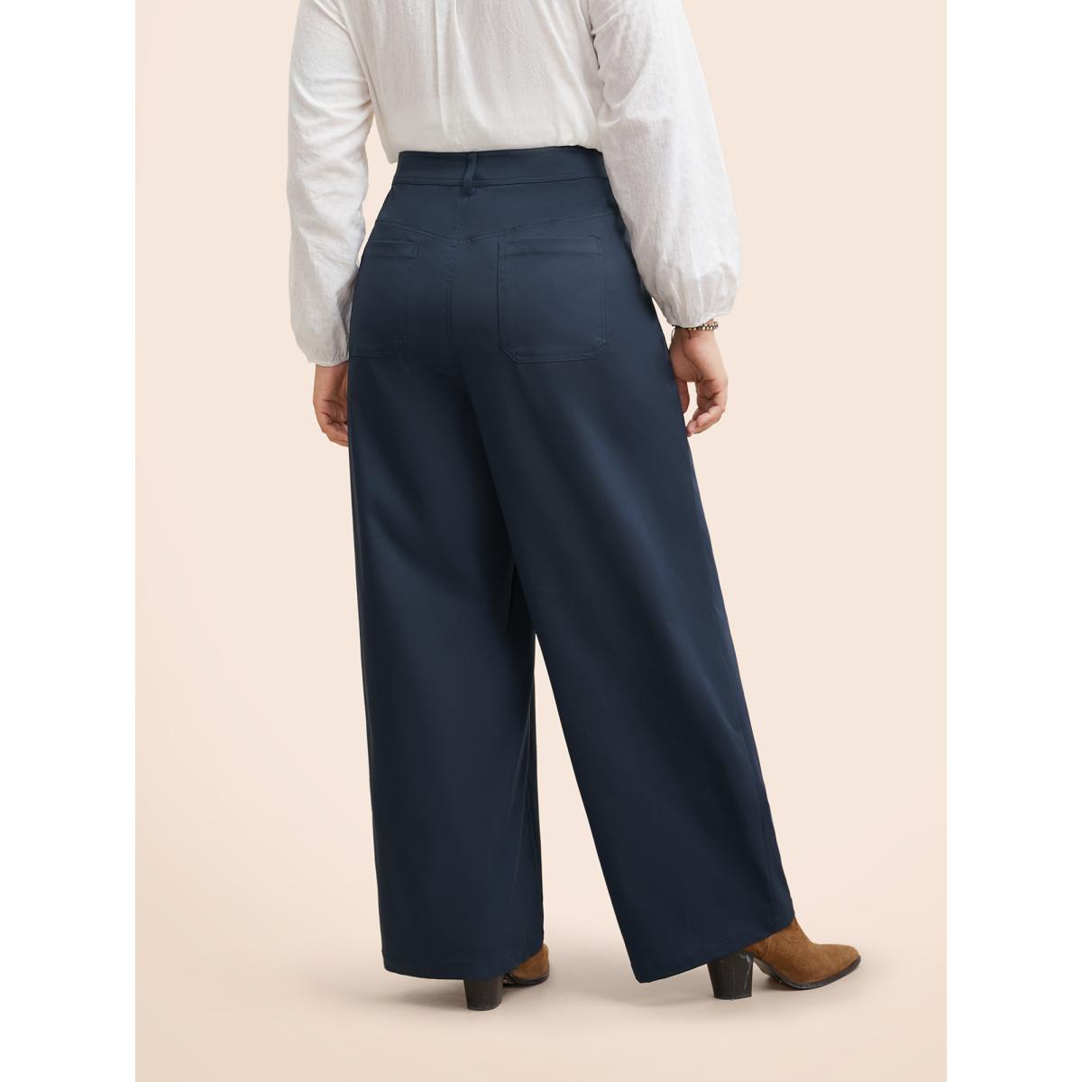 Plus Size Solid Buttoned Zipper Wide Leg Pants Women Indigo Casual Wide Leg Mid Rise Everyday Pants BloomChic 12/L Product Image