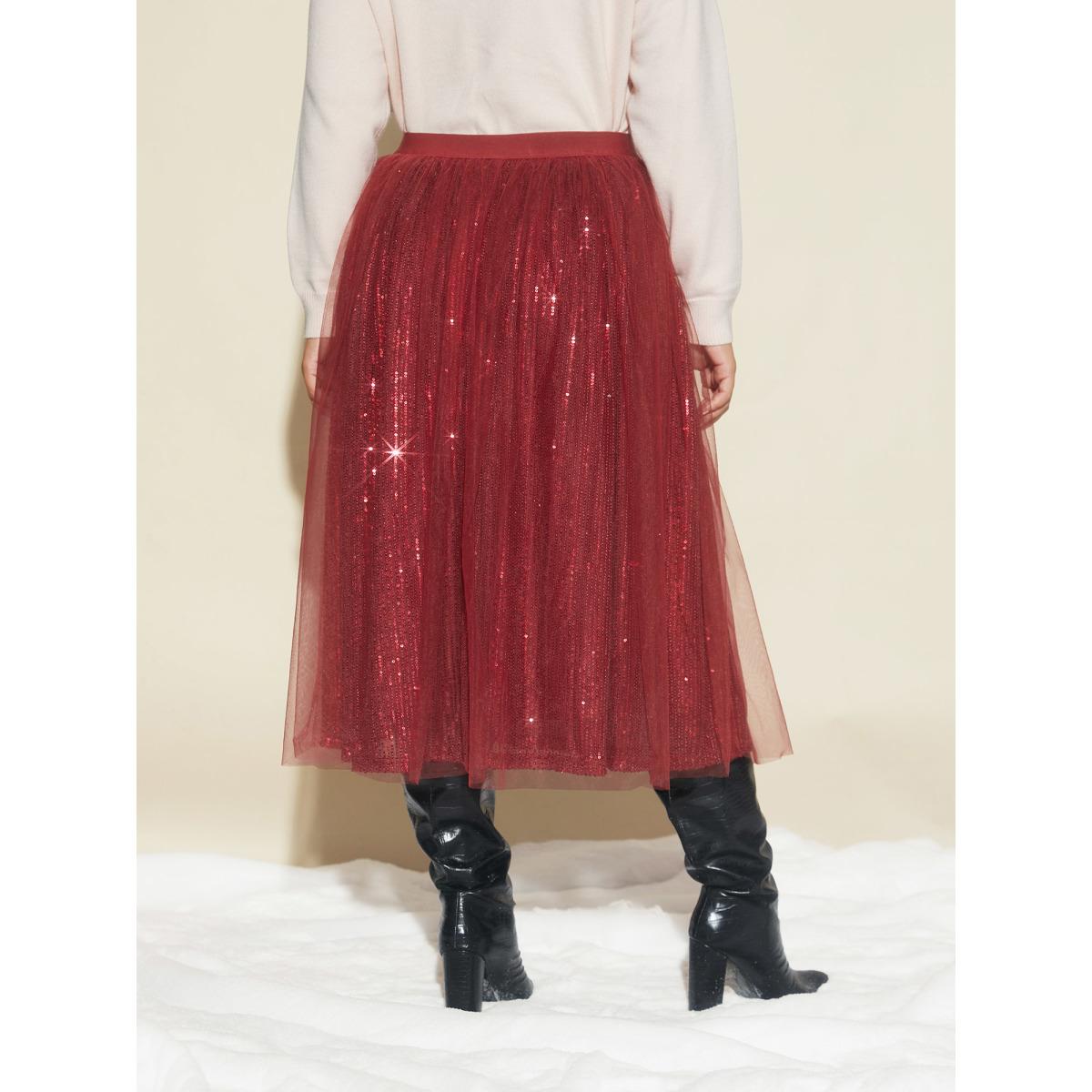 Plus Size Sequin Mesh Elastic Waist Midi Skirt Women Scarlet Formal Tiered Loose No stretch Party Skirts BloomChic 10/M Product Image