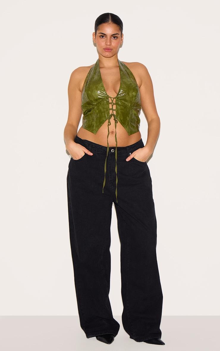 Plus Washed Olive Faux Leather Lace Up Plunge Halterneck Top Product Image