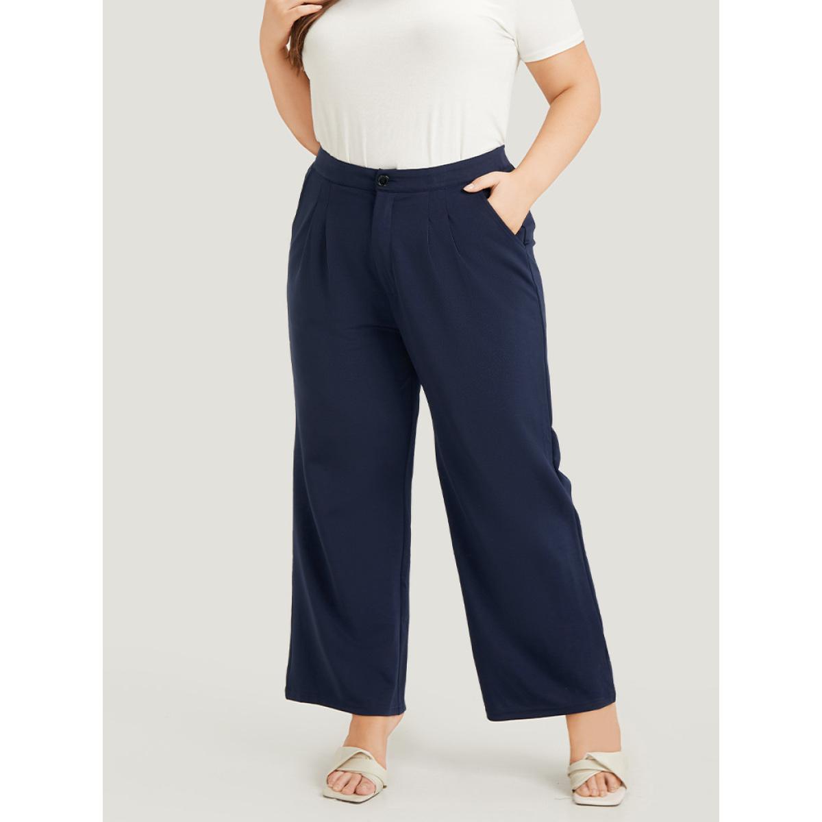 Plus Size Plain Pleated High Rise Pocket Pants Women Indigo Office High Rise Work Pants BloomChic 30/6X Product Image