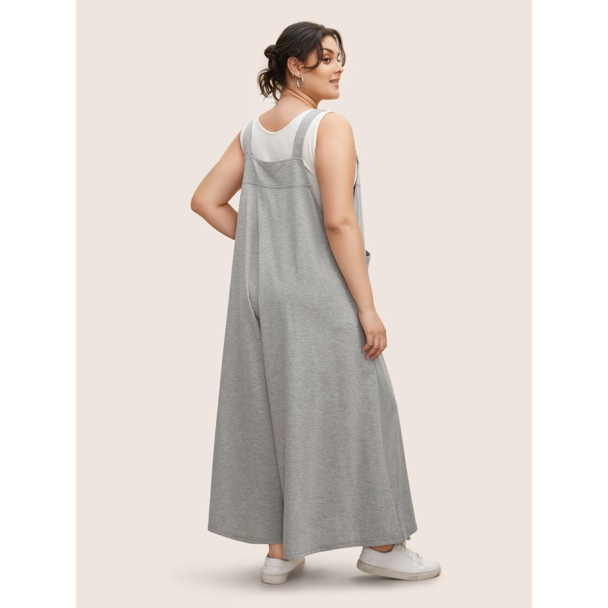 Plus Size Silver Solid Heather Patched Pocket Wide Leg Jumpsuit Women Casual Sleeveless Square Neck Everyday Loose Jumpsuits BloomChic 12/L Product Image
