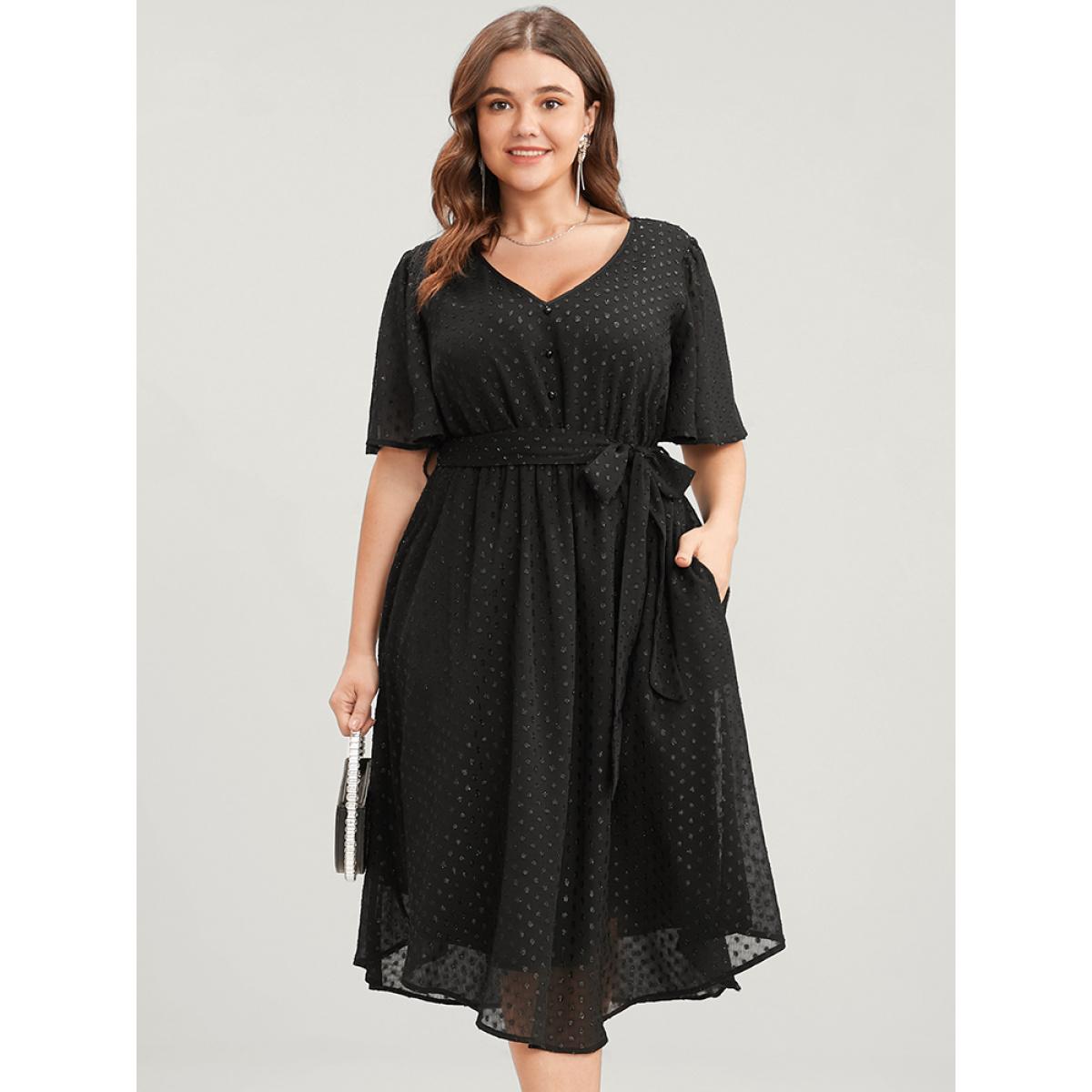 Plus Size Glitter Polka Dot V Neck Pocket Belted Ruffles Hem Dress Black Women Glamour Asymmetrical V-neck Short sleeve Curvy Midi Dress BloomChic 30/6X Product Image