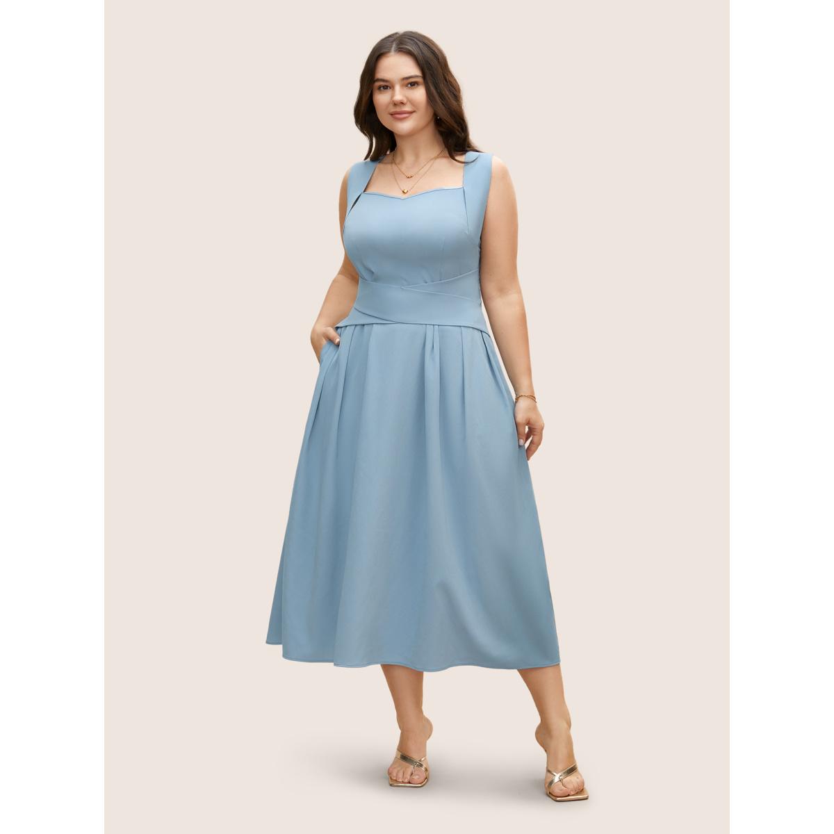 Plus Size Heart Neckline Crossover Shirred Midi Dress LightBlue Women Elegant Pleated Heart neckline Sleeveless Curvy BloomChic 10/M Product Image