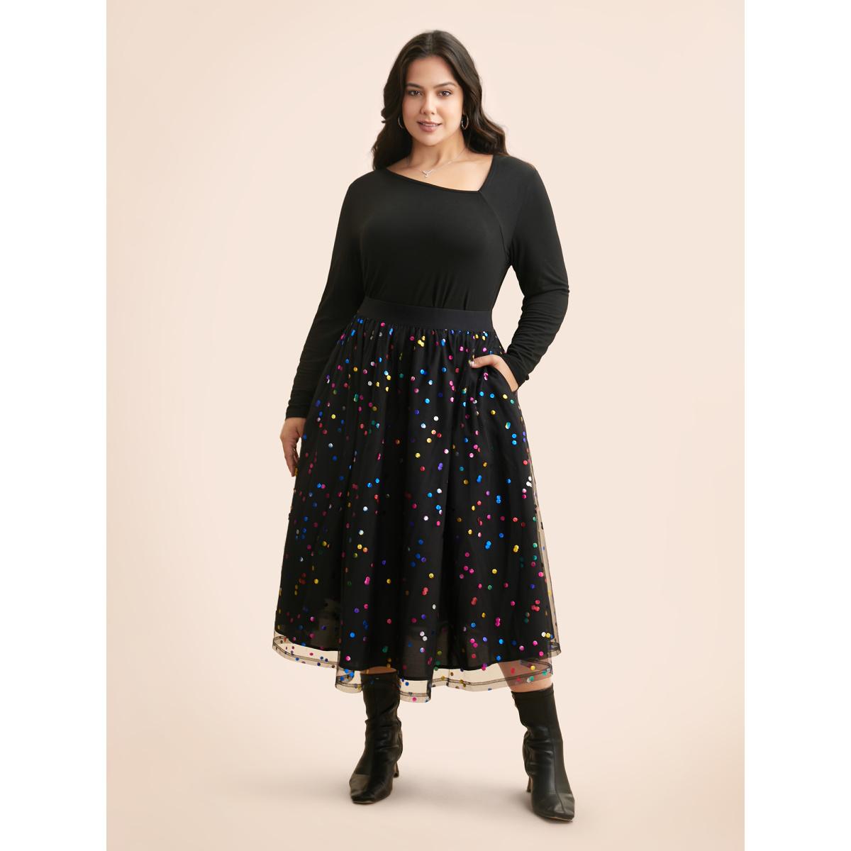 Plus Size Sequin Polka Dot Tiered Mesh Skirt Women Black Cocktail Tiered Loose No stretch Side seam pocket Party Skirts BloomChic 22-24/3X Product Image