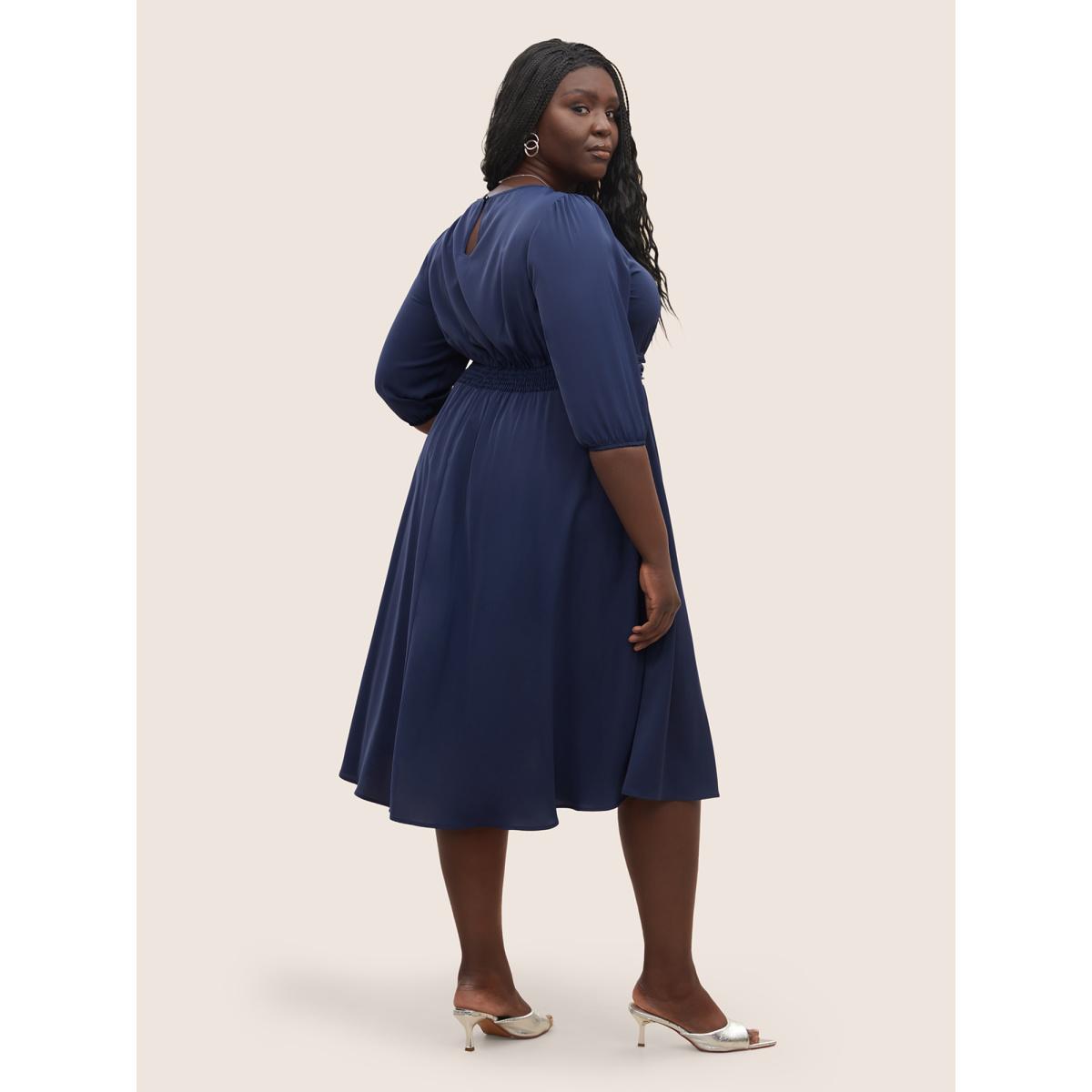 Plus Size Solid Elastic Waist Ruched Dress DarkBlue Women At the Office Non Round Neck Elbow-length sleeve Curvy Midi Dress BloomChic 12/L Product Image