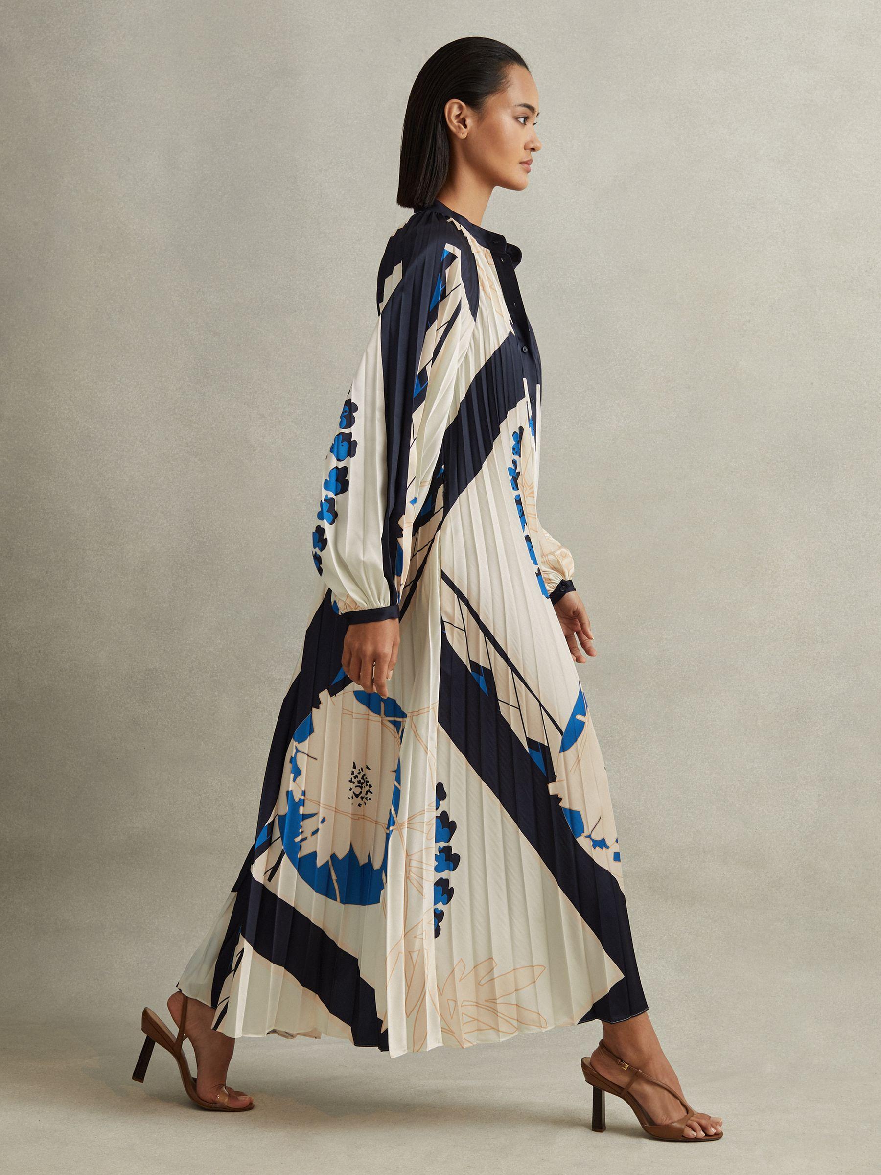 Printed Pleated Maxi Dress in Blue Product Image