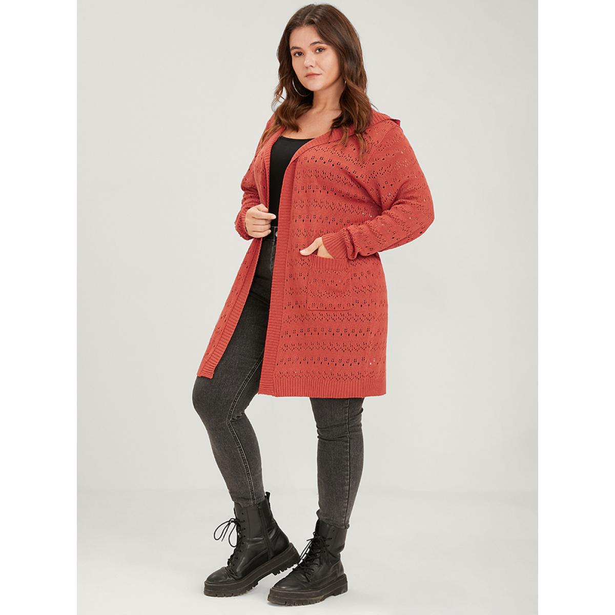 Plus Size Plain Pointelle Knit Pocket Crochet Open Front Hooded Cardigan OrangeRed Women Elegant Loose Long Sleeve Dailywear Cardigans BloomChic 28/5X Product Image