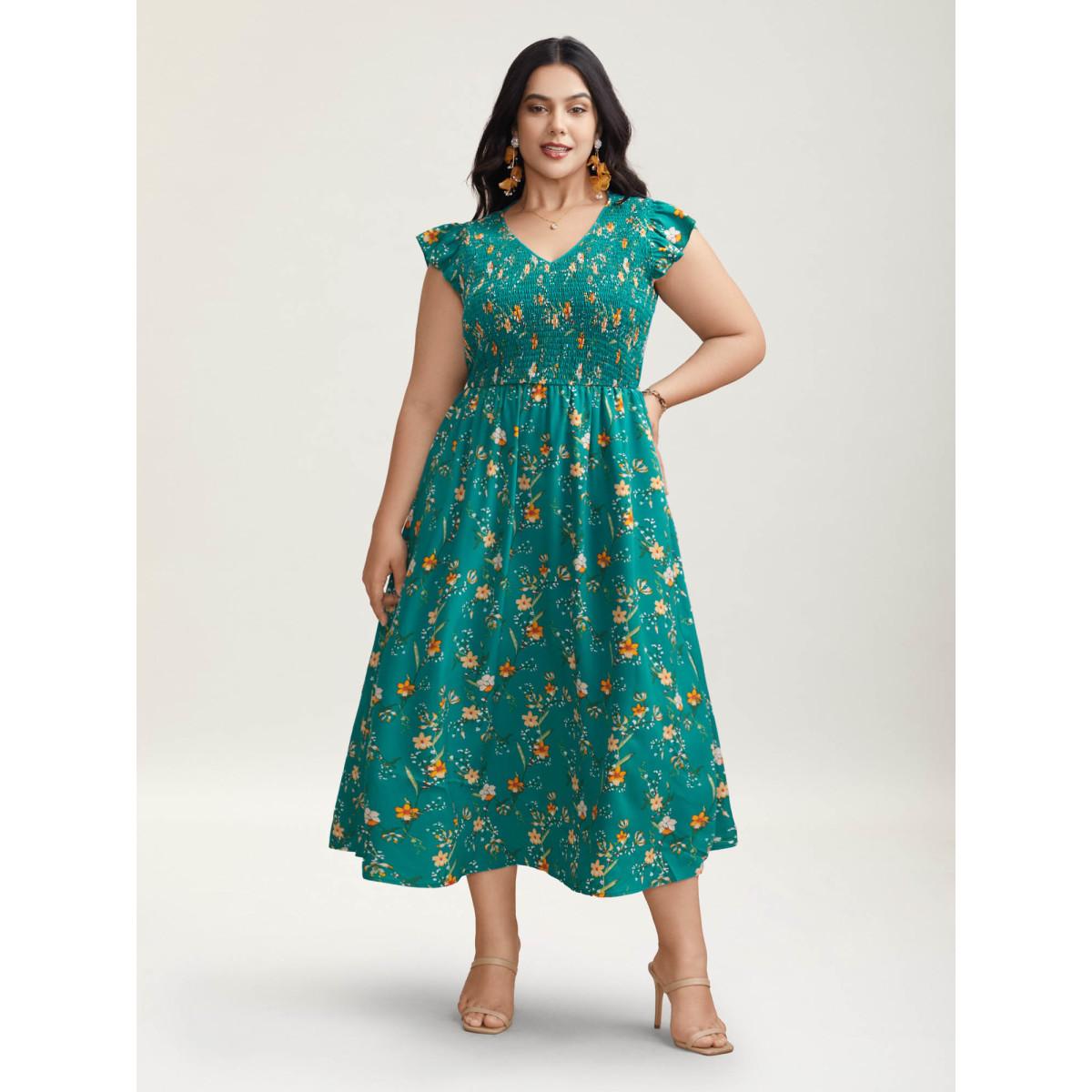 Plus Size Shirred Printed Flutter Sleeve Pockets Maxi Dress Teal Women Timeless Shirred V-neck Cap Sleeve Curvy BloomChic 26/4X Product Image