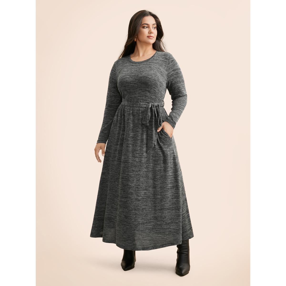 Plus Size Round Neck Heather Belted Dress DimGray Women Leisure Texture Round Neck Long Sleeve Curvy BloomChic 28/5X Product Image