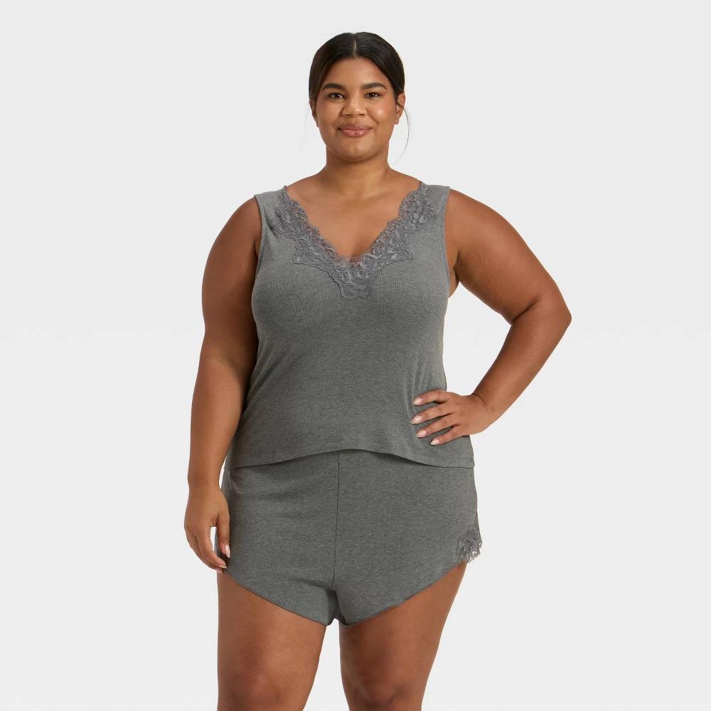 Women's Lace Trim Ribbed Tank Top and Shorts Pajama Set - Auden™ Light Gray 4X Product Image