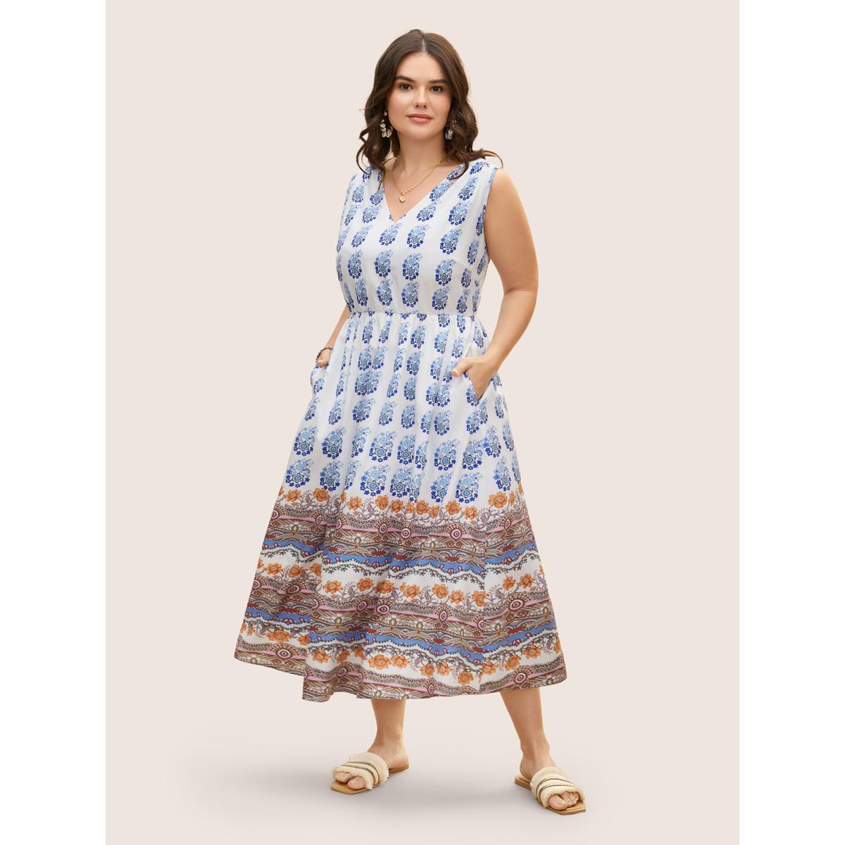 Plus Size Bandana Print Elastic Waist Gathered Sleeveless Dress Originalwhite Women Resort V-neck Sleeveless Curvy BloomChic 14-16/1X Product Image