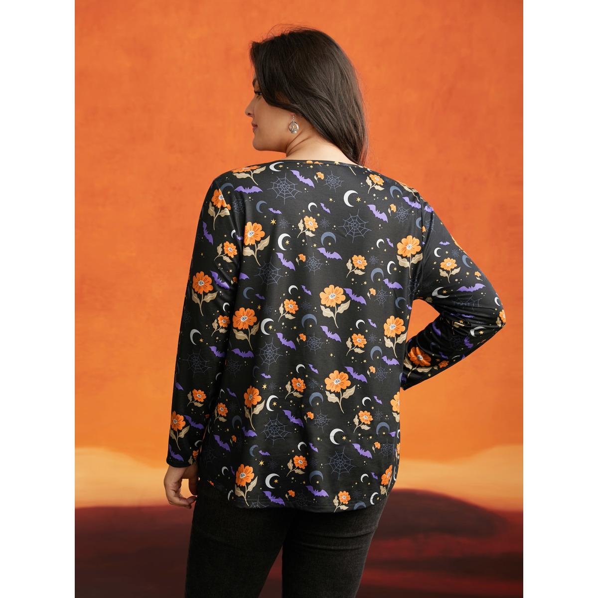Plus Size Floral Knit V-Neck Halloween T-shirt Black Women Casual Non Halloween V-neck Everyday T-shirts BloomChic 22-24/3X Product Image