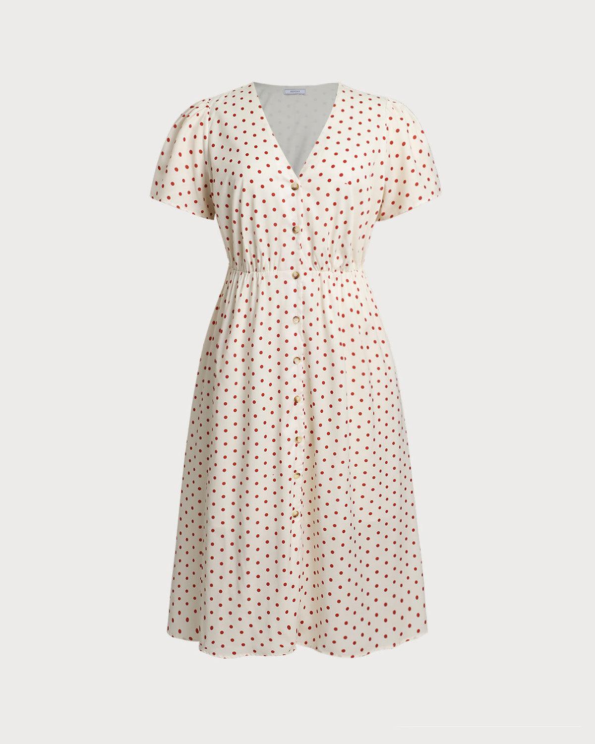 Beige Polka Dot Plus Size Midi Dress Product Image