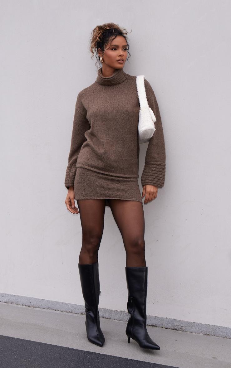Chocolate Textured Knit Roll Neck Oversized Sweater Product Image