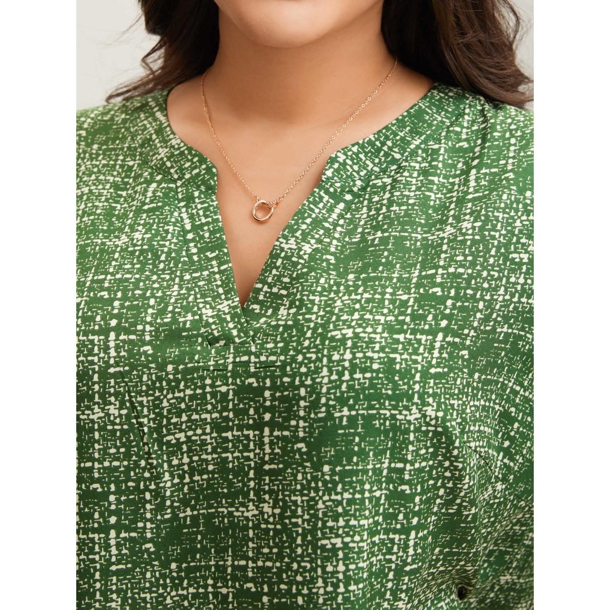Plus Size Truegreen Geometric Print Puff Sleeve Blouse Women Office Short sleeve Flat collar with V-notch Office Blouses BloomChic 30/6X Product Image