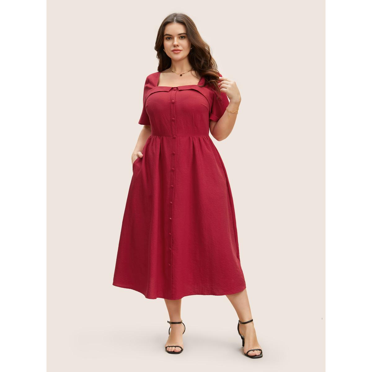 Plus Size Solid Square Neck Button Detail Midi Dress Scarlet Women Elegant Gathered Square Neck Short sleeve Curvy BloomChic 18-20/2X Product Image