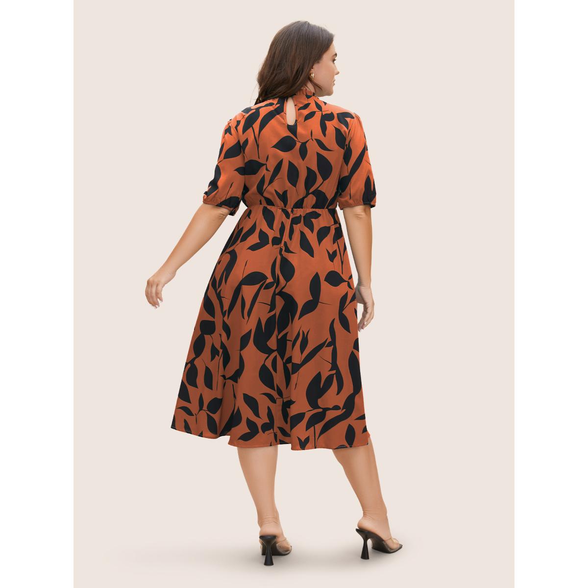 Plus Size Silhouette Floral Print Mock Neck Midi Dress Coral Women Elegant Gathered Mock Neck Short sleeve Curvy BloomChic 14-16/1X Product Image