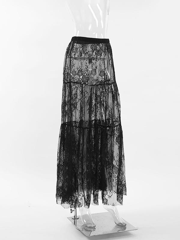 A-Line High Waisted Elasticity Hollow Jacquard Mesh See-Through Split-Joint Skirts Bottoms Product Image