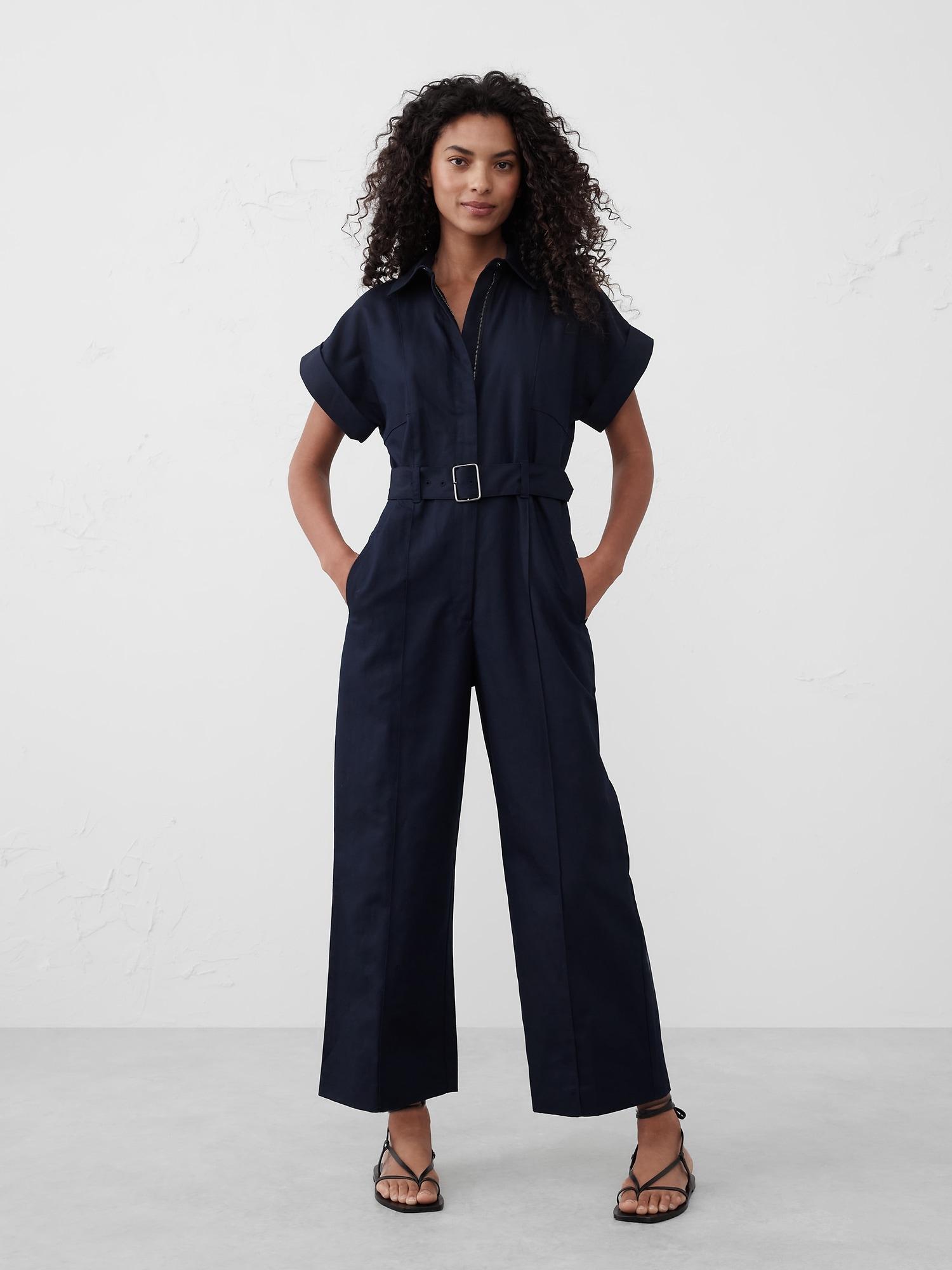 Linen-Blend Belted Jumpsuit Product Image