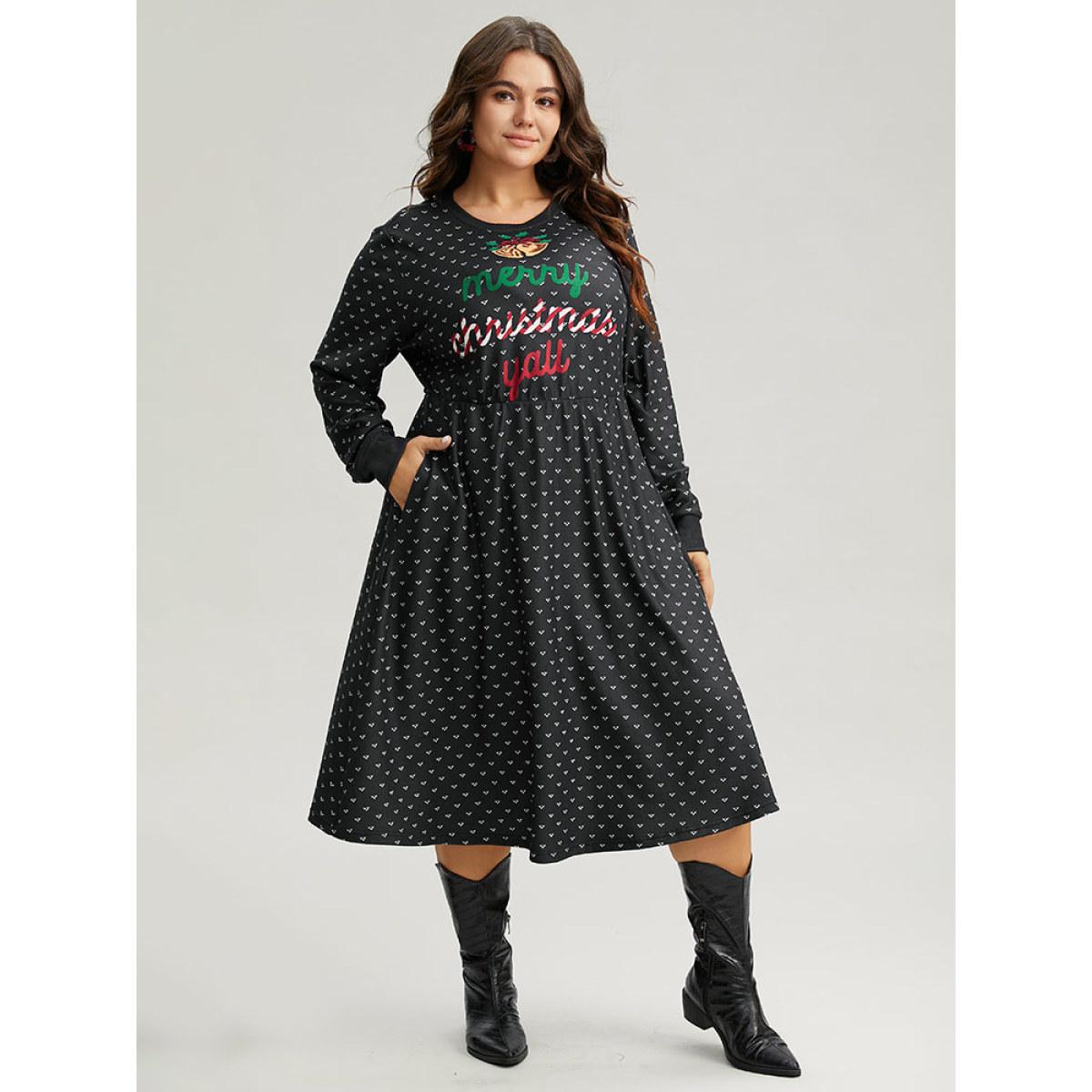 Plus Size Christmas Letter Print Pocket Elastic Waist Dress Black Women Casual Printed Round Neck Long Sleeve Curvy Midi Dress BloomChic 28/5X Product Image
