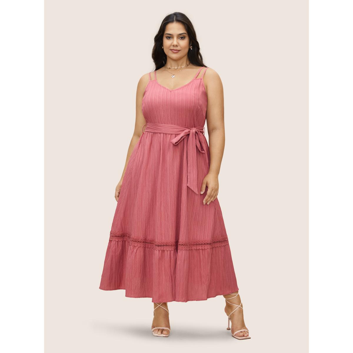 Plus Size Plain Texture Woven Ribbon Belted Dress Watermelon Women Elegant Woven ribbon&lace trim V-neck Sleeveless Curvy BloomChic 14-16/1X Product Image