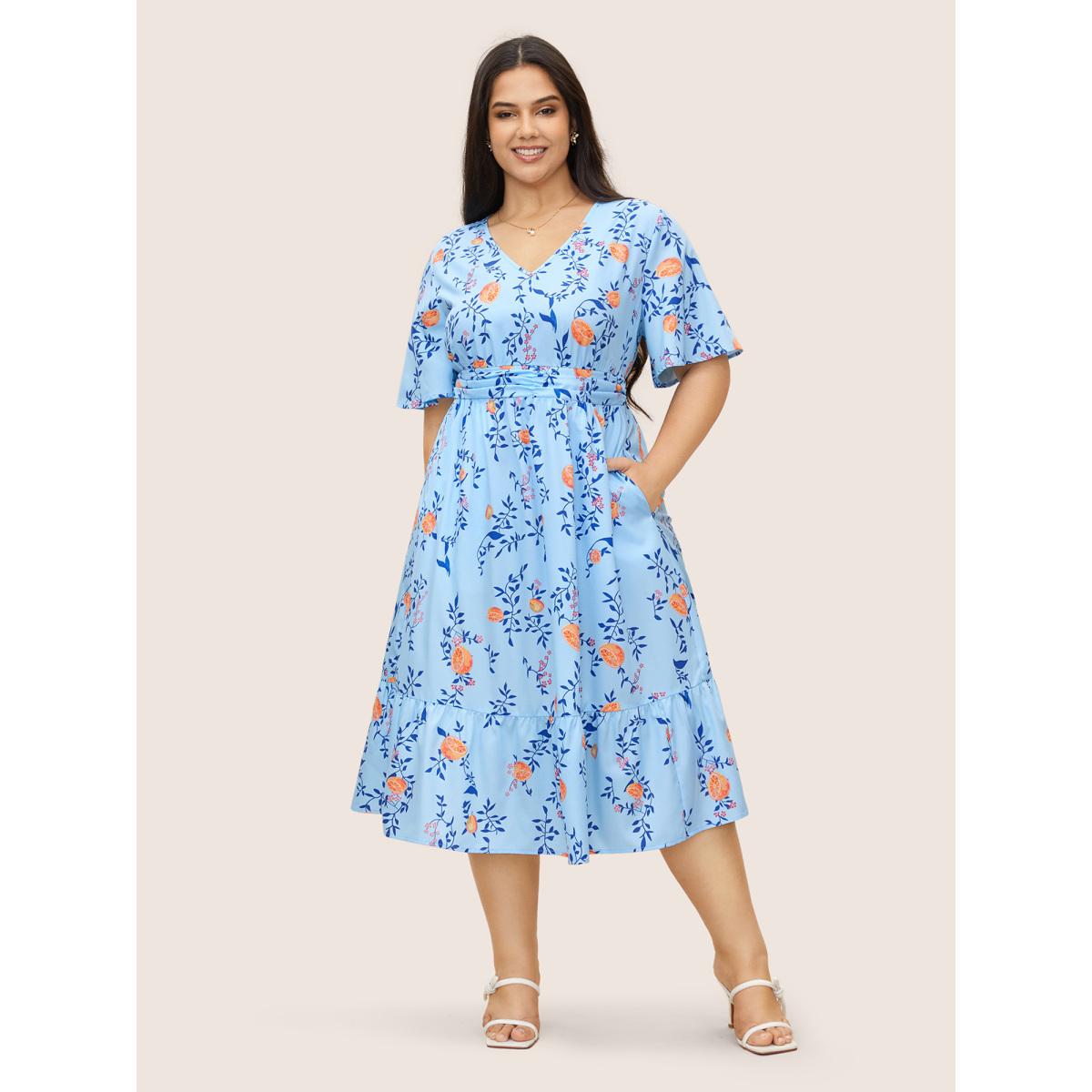 Plus Size Citrus Orange Print Ruched Ruffle Sleeve Dress LightBlue Women Elegant Gathered V-neck Short sleeve Curvy BloomChic 18-20/2X Product Image