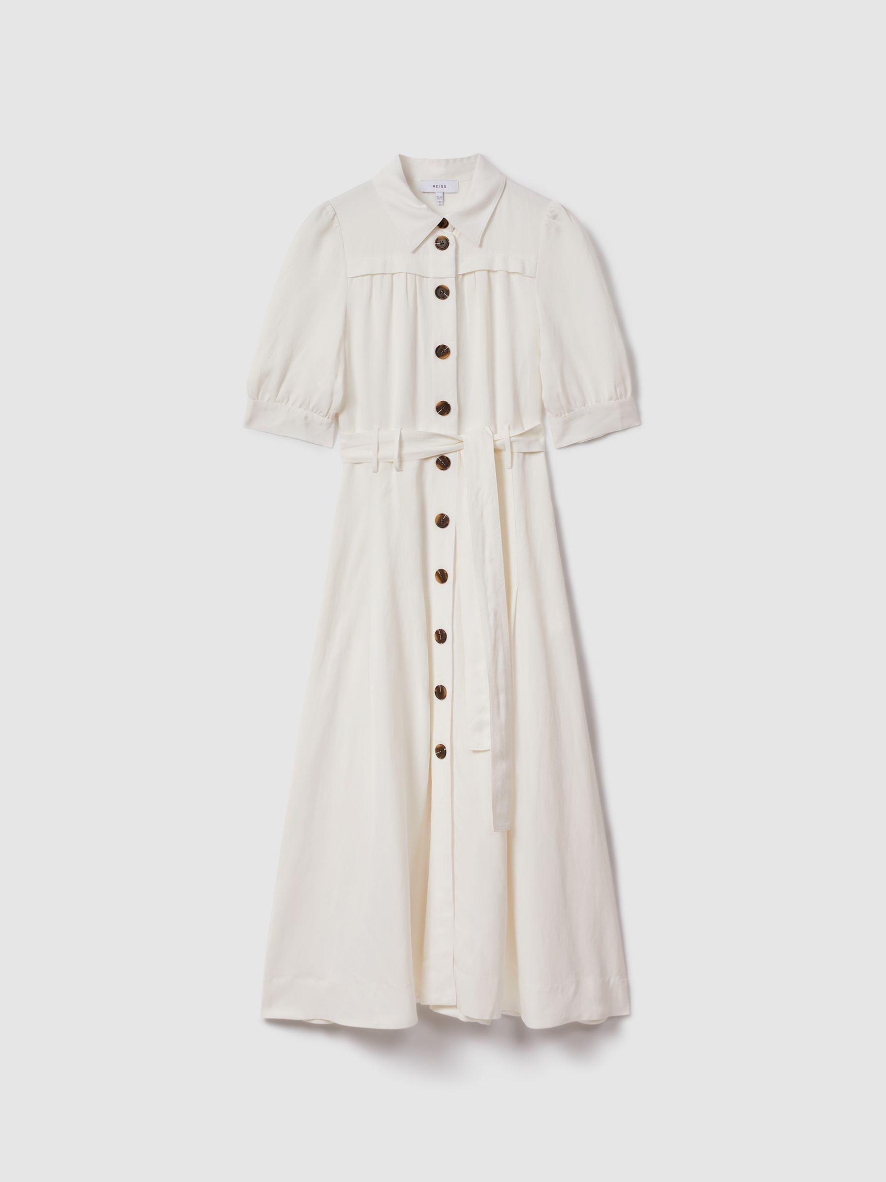 Belted Cap Sleeve Midi Dress in White Product Image