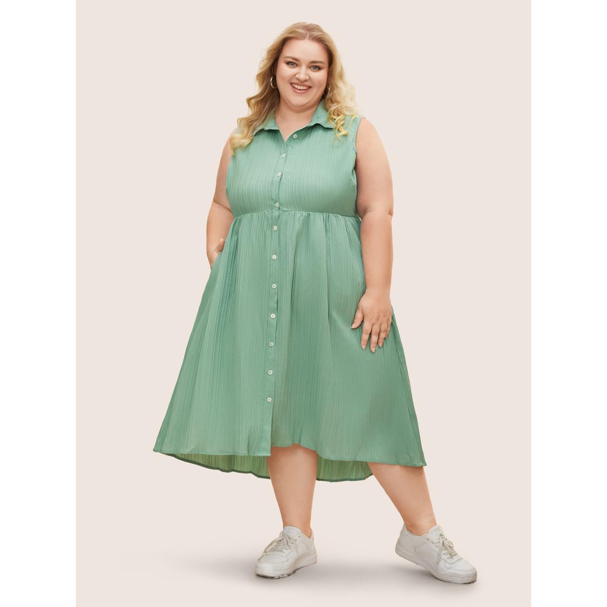 Plus Size Solid Shirt Collar Ruffle Pocket High Low Hem Button Up Dress Mint Women Office Non Polo Sleeveless Curvy Midi Dress BloomChic 14-16/1X Product Image