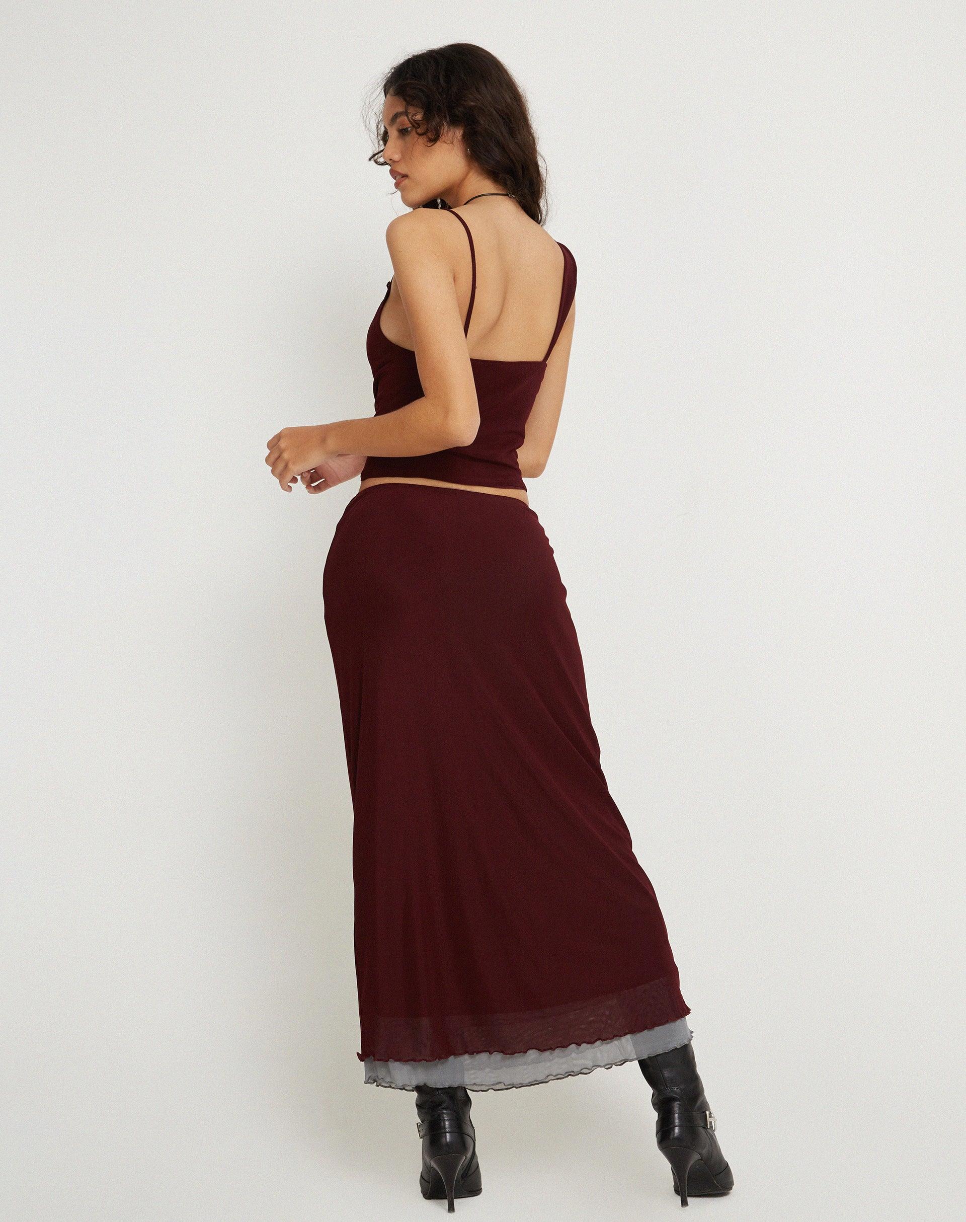 Tresha Maxi Skirt in Mesh Burgundy Product Image