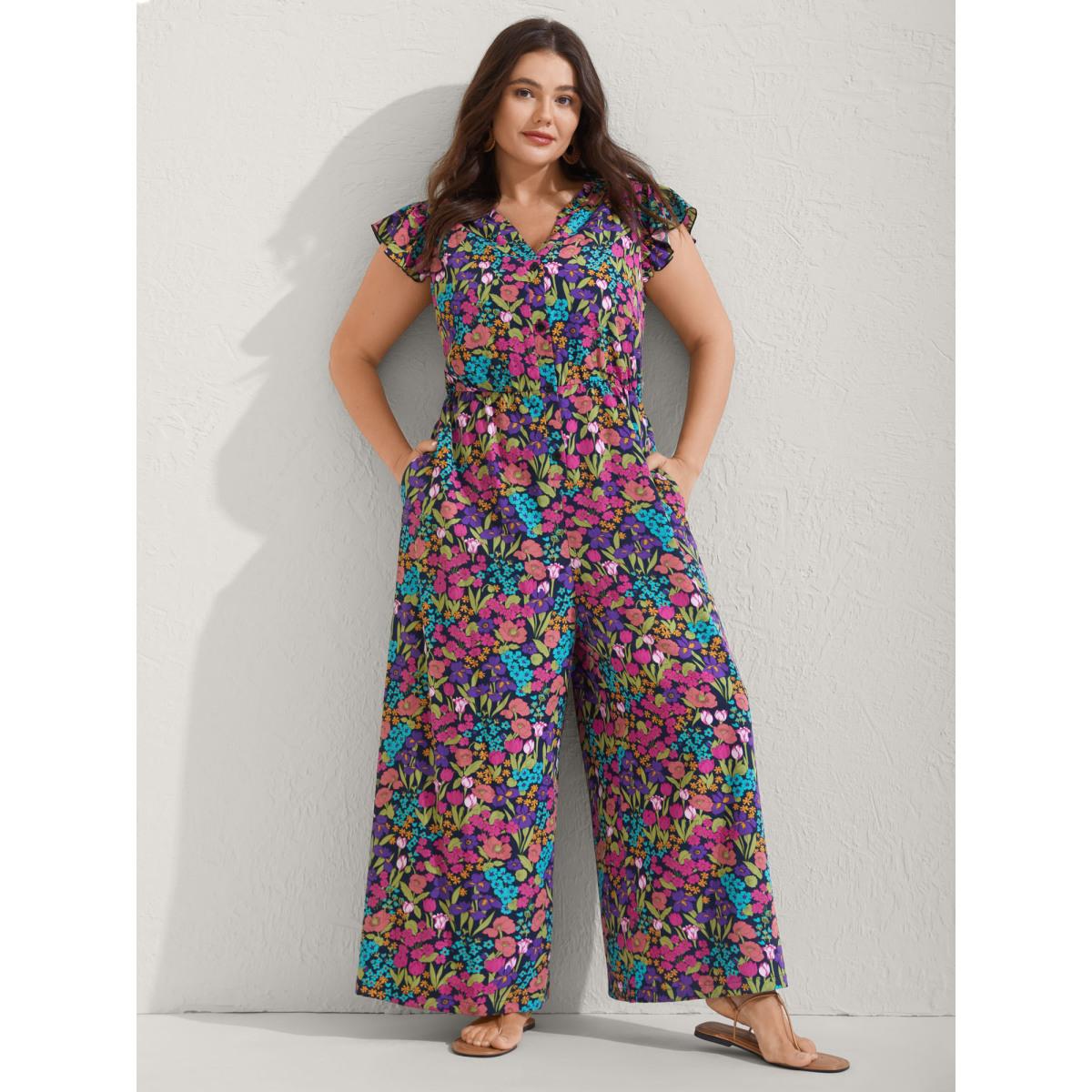Plus Size Midnight Sunkissed Floral Print Button Wide-Leg Jumpsuit Women Resort Cap Sleeve Notched collar Vacation Loose Jumpsuits BloomChic 28/5X Product Image