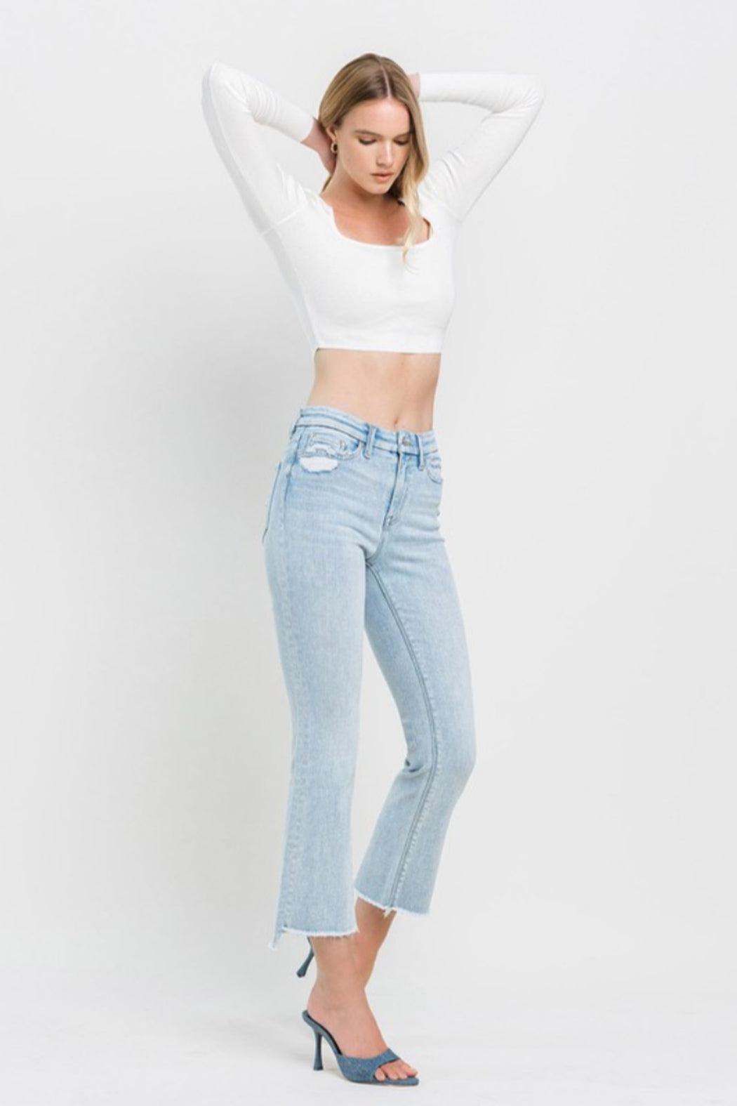High Rise Slant Raw Hem Crop Flare Jeans Product Image