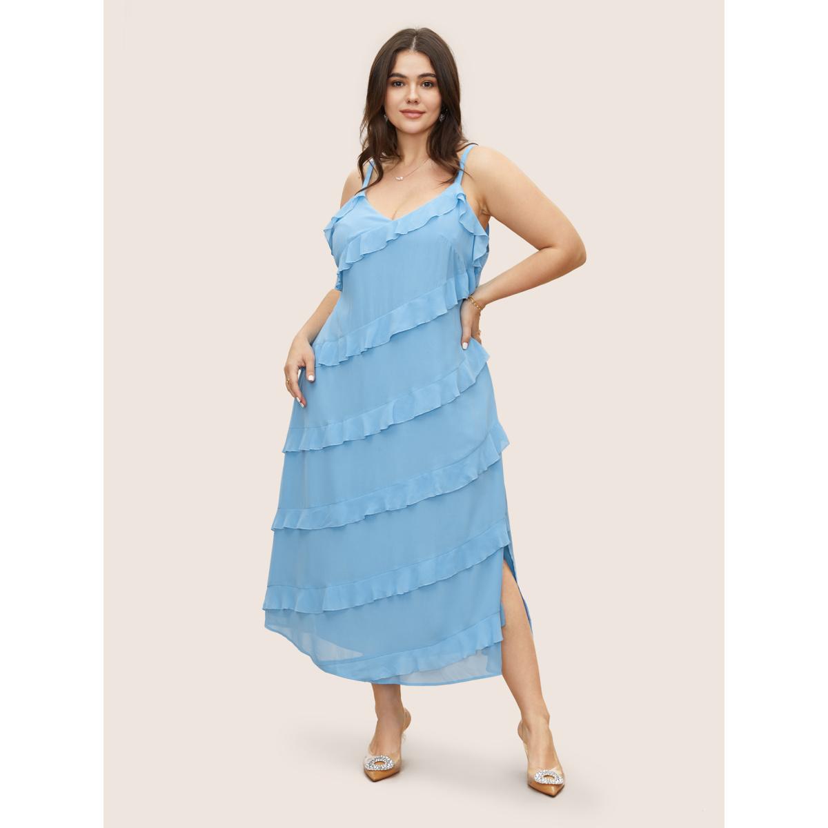 Plus Size V Neck Ruffle Trim Elastic Waist Cami Dress LightBlue Women Formal Ruffles Non Sleeveless Curvy BloomChic 10/M Product Image