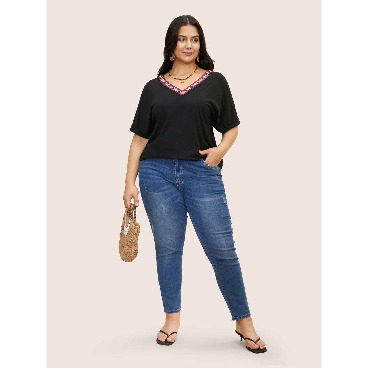 Plus Size V Neck Block Weave Trim Batwing Sleeve T-shirt Black Women Resort Patchwork V-neck Vacation T-shirts BloomChic 14-16/1X Product Image
