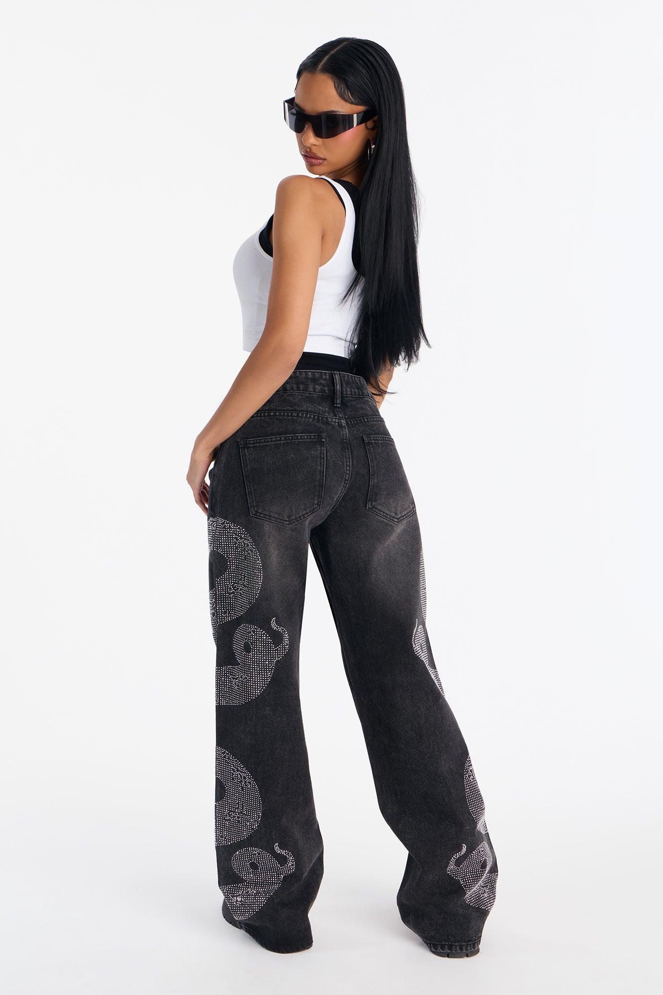 Westside Snake Embellished Low Rise Wide Leg Jean - Black Wash Female Product Image