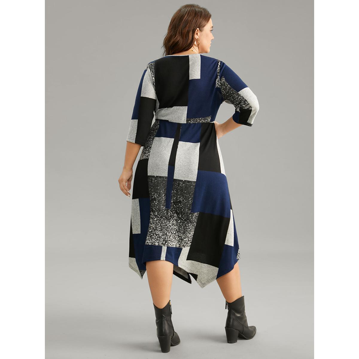 Plus Size Colorblock Contrast Round Neck Elastic Waist Dress Multicolor Women Casual Printed Round Neck Elbow-length sleeve Curvy Midi Dress BloomChic 10/M Product Image