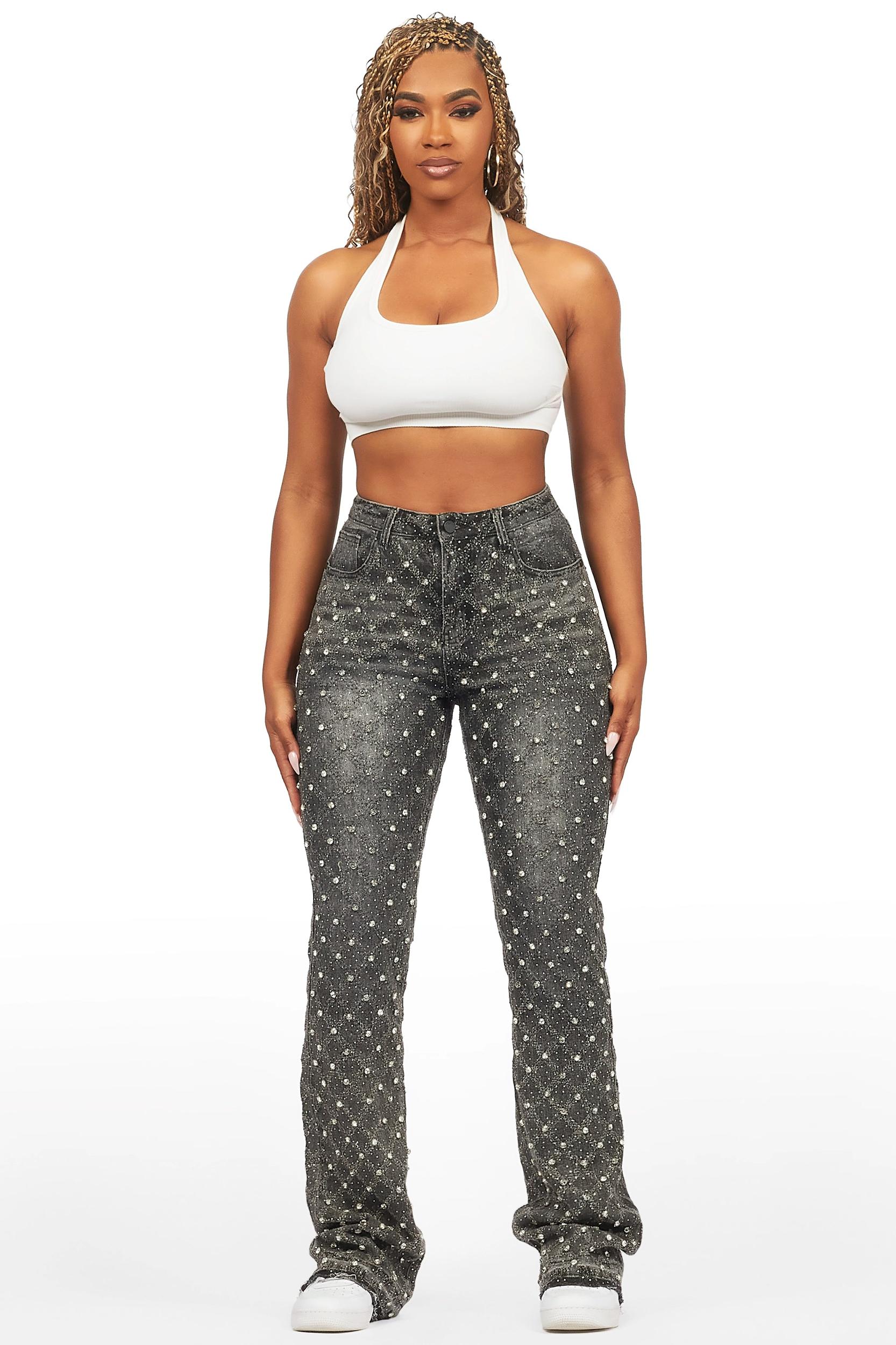 Sareka Grey Wash Rhinestone Stacked Flare Jean Female Product Image