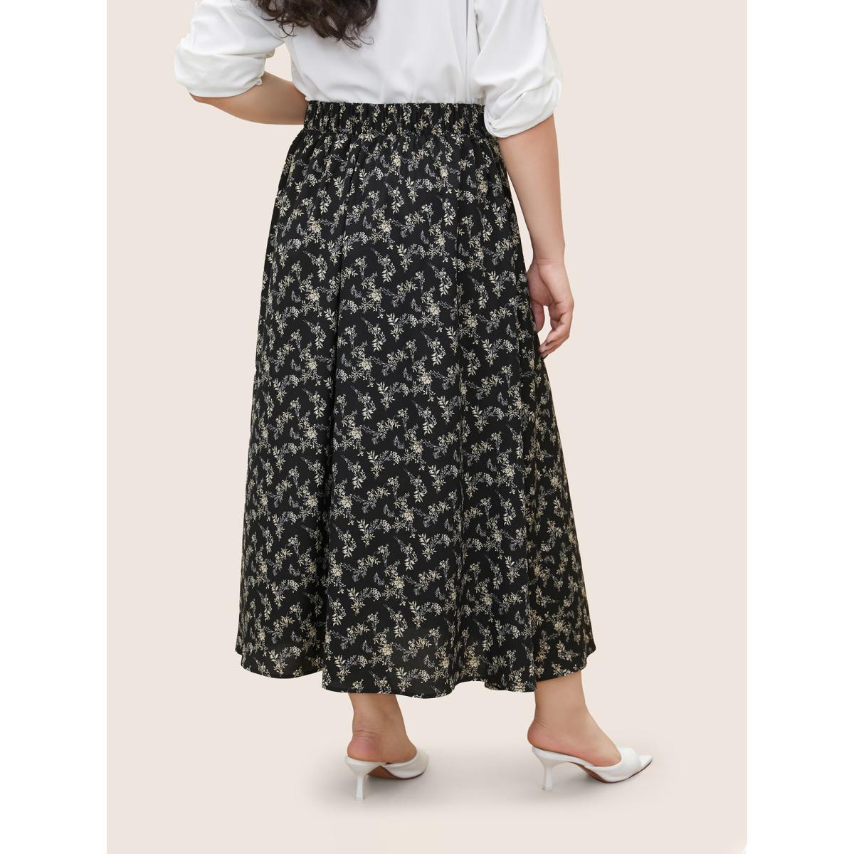 Plus Size Ditsy Floral Split Side Pocket Button Detail Skirt Women BlackFlower Elegant Slit No stretch Slanted pocket Everyday Skirts BloomChic 30/6X Product Image