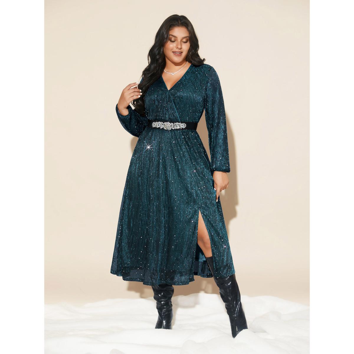 Plus Size Stretchy Gold Foil Surplice Neckline Midi Dress Burgundy Women Cocktail Texture Party Curvy Bloomchic 30/6X Product Image