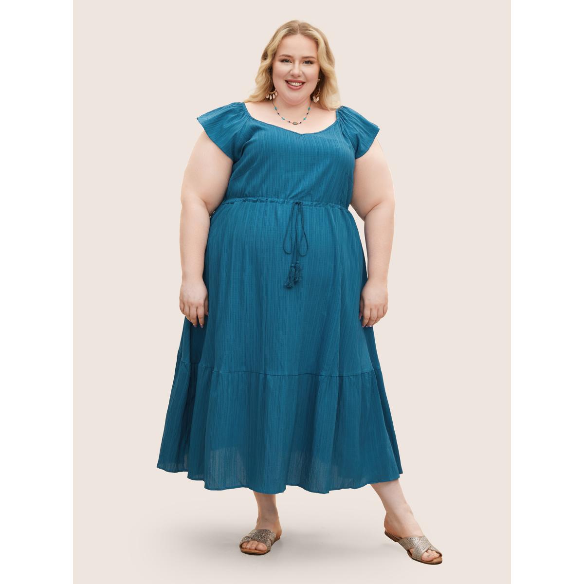 Plus Size Texture Drawstring Tie Knot Tassels Dress Cerulean Women Resort Tie knot V-neck Cap Sleeve Curvy BloomChic 22-24/3X Product Image