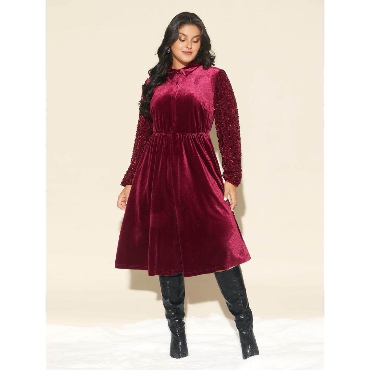 Plus Size Shimmery Embellishments Shirt Collar Midi Dress Burgundy Women Cocktail Texture Shirt collar Long Sleeve Curvy BloomChic 14-16/1X Product Image