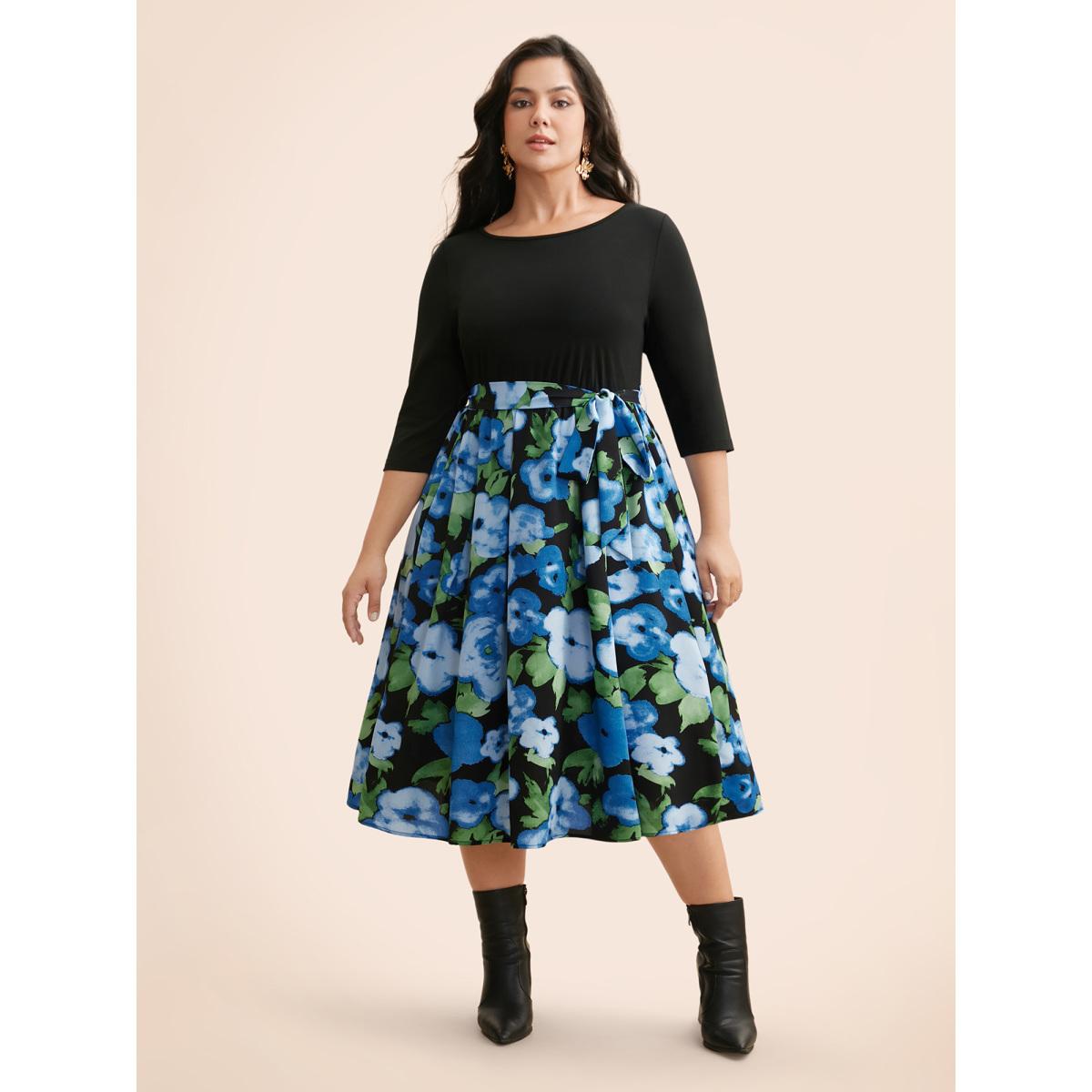 Plus Size Round Neck Floral Patchwork Belted Dress Black Women Elegant Belted Round Neck Elbow-length sleeve Curvy BloomChic 12/L Product Image