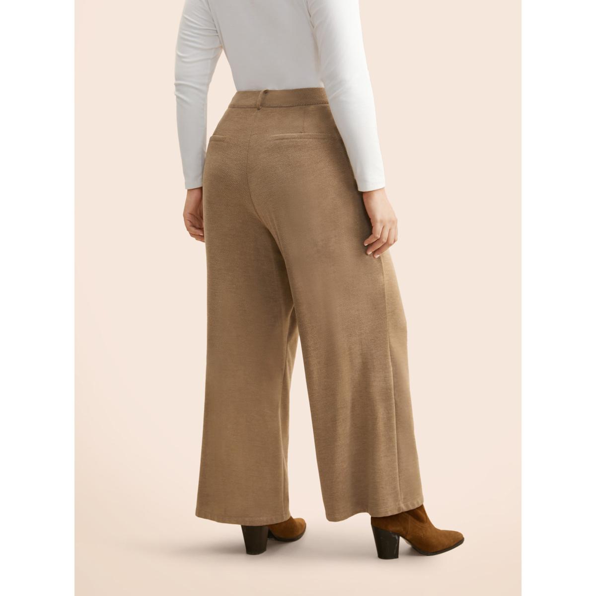 Plus Size Mid Rise Slanted Pocket Wide Leg Pants Women Tan Elegant Wide Leg Mid Rise Everyday Pants BloomChic 26/4X Product Image